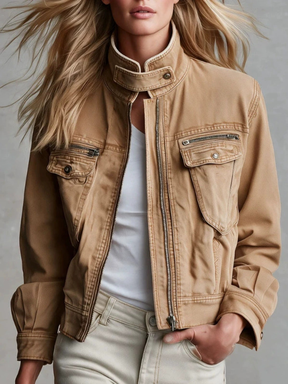 H&M Classic Vintage Brown Stand Collar Jacket